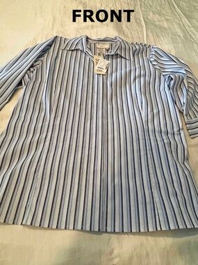 BLOUSE, STRETCHY, BLUE & WHITE VERTICAL STRIPE, SIZE 16W, 3/4 SLEEVES, FITTED FR